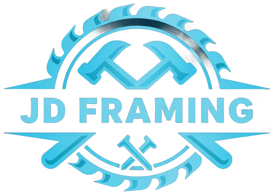 JD Framing logo with crossed hammers and nails, framed by a saw blade, turquoise color.