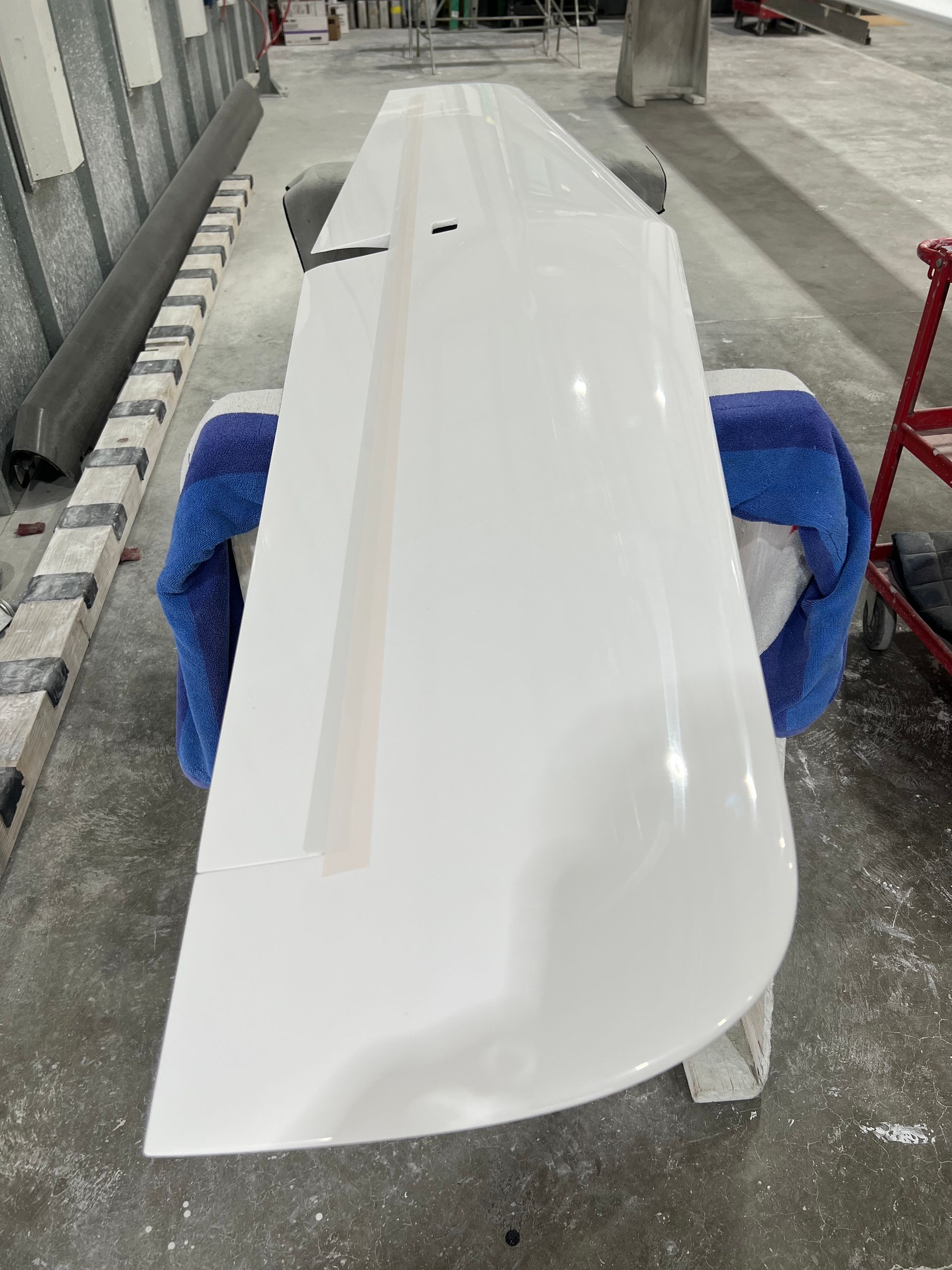 A white wing is sitting on top of a blue towel on the floor.