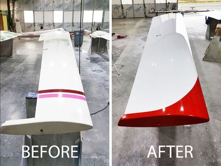 A before and after photo of an airplane wing