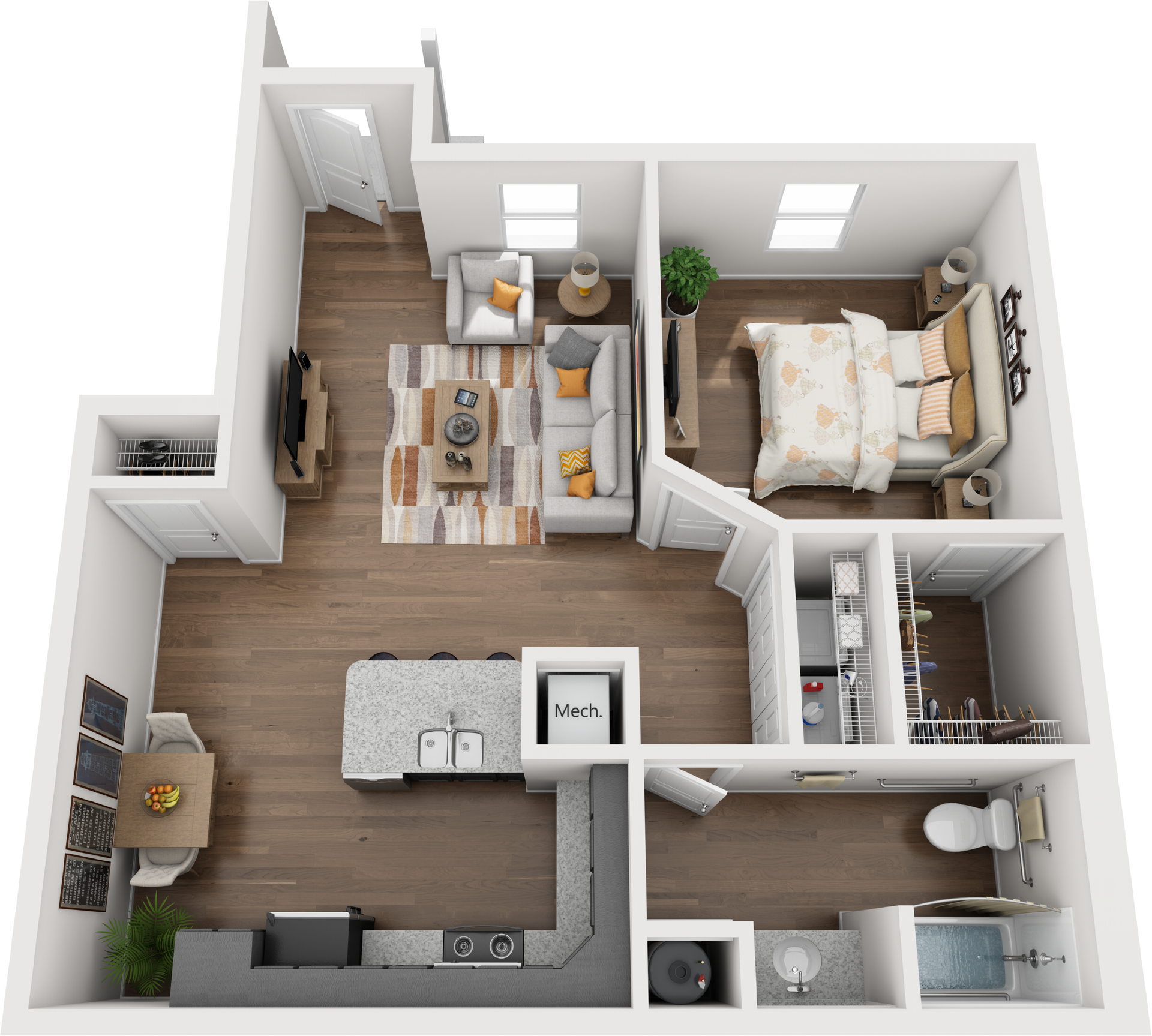 1 Bed Floor Plan with Carpet and Wood Flooring