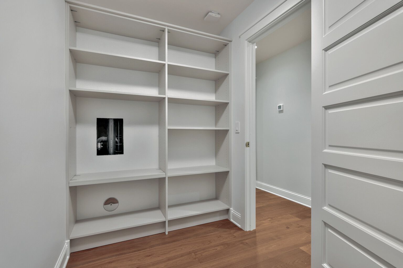 A room with a door and shelves in it.