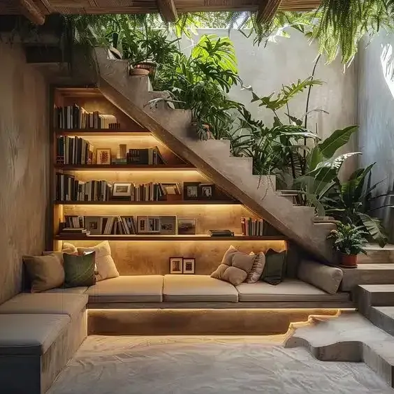 A living room with a couch , bookshelf , and stairs.