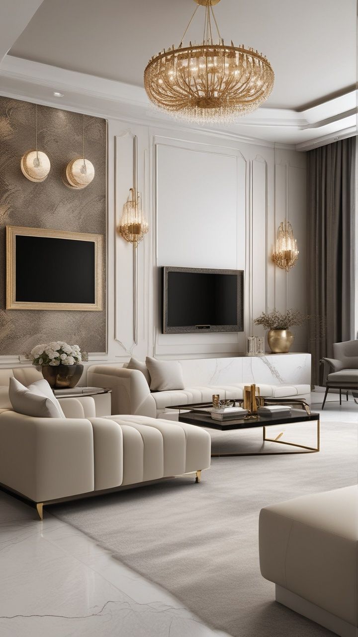 A living room with a couch , coffee table , television and chandelier.