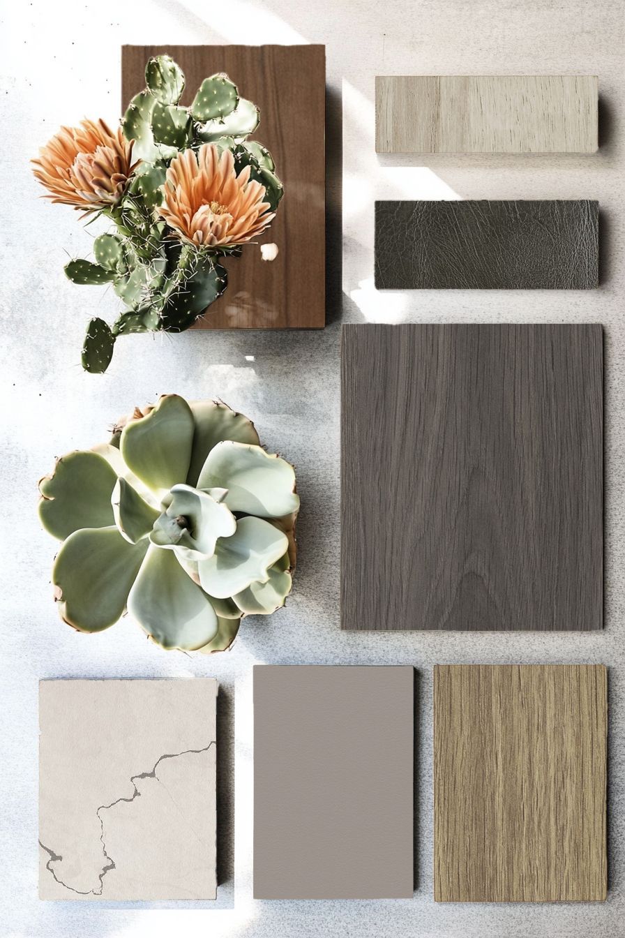 Mood board: Cactus and succulent with wood and paint swatches in neutral tones.
