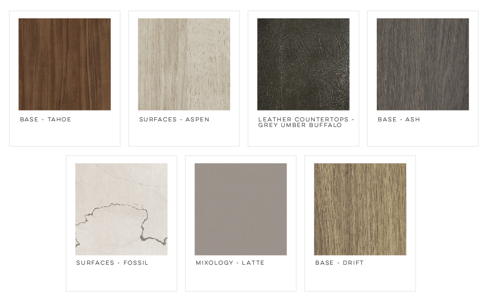 Swatches of wood-grain, stone, and solid color finishes. Browns, grays, and neutral tones are displayed.