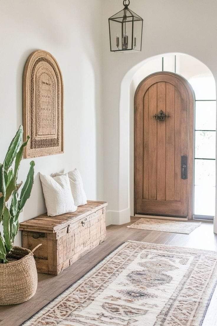 Entryway with arched doorway, wooden front door, bench with pillows, cactus, and rug.