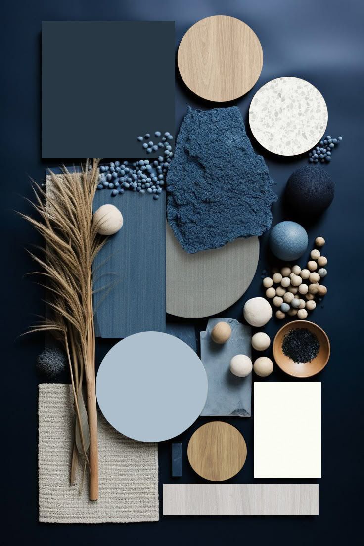 A collage of blue and white objects on a dark blue background.