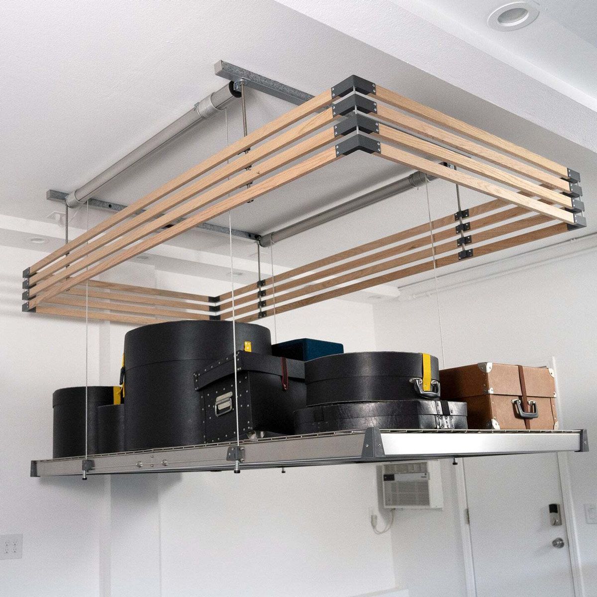 A bunch of boxes are hanging from the ceiling