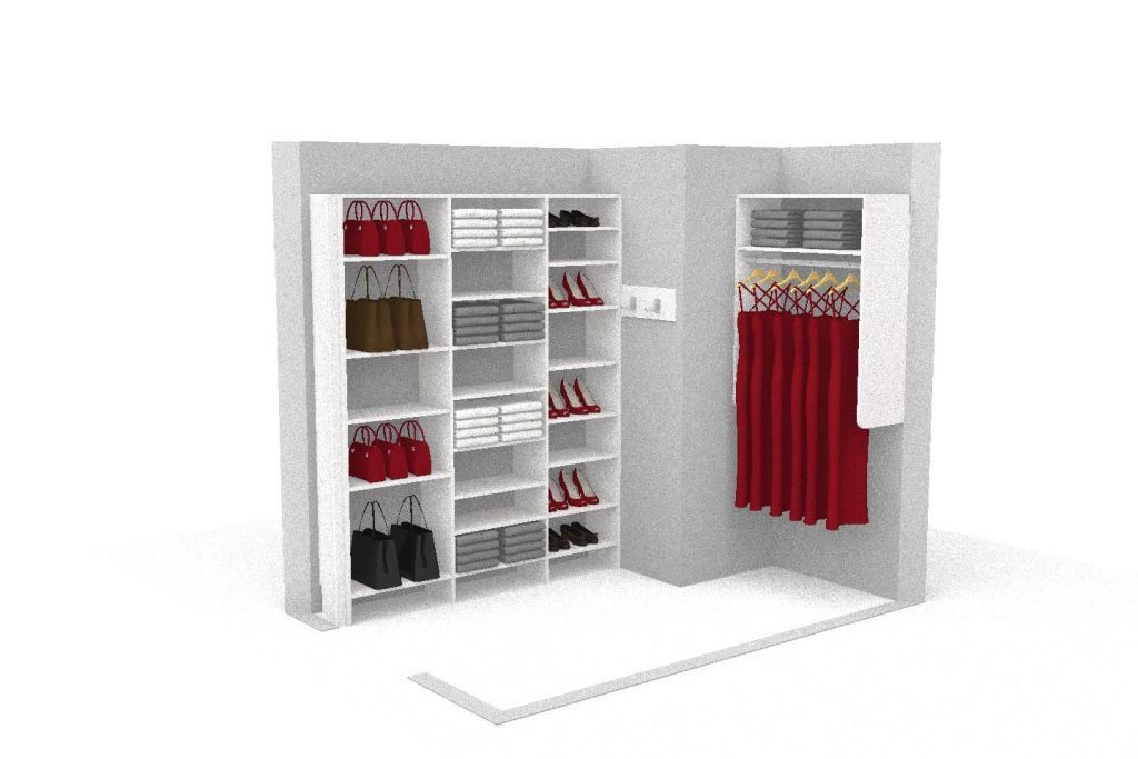 A 3d model of a walk in closet with a red curtain.