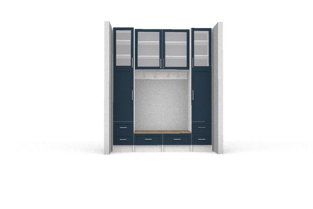 A 3d model of a wardrobe with blue doors and drawers on a white background.