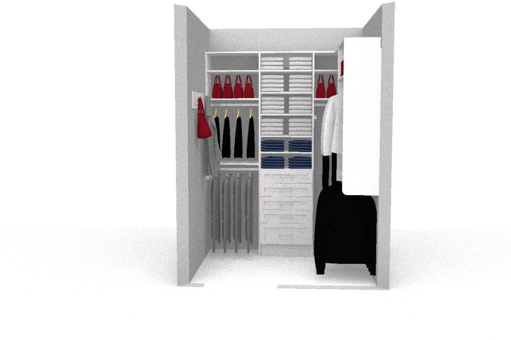 A 3d rendering of a walk in closet with clothes and a suitcase.