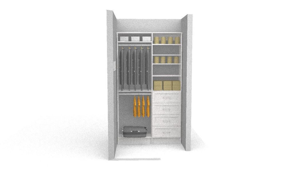 A 3d model of a closet with a lot of shelves and drawers.