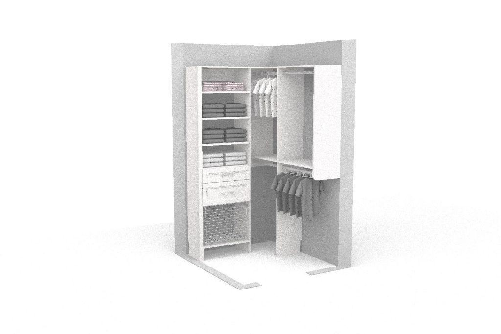 A 3d model of a walk in closet with clothes hanging in it.
