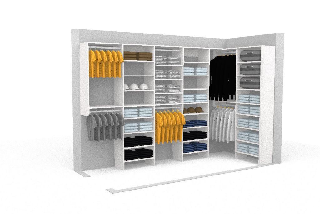 A 3d model of a walk in closet filled with clothes.