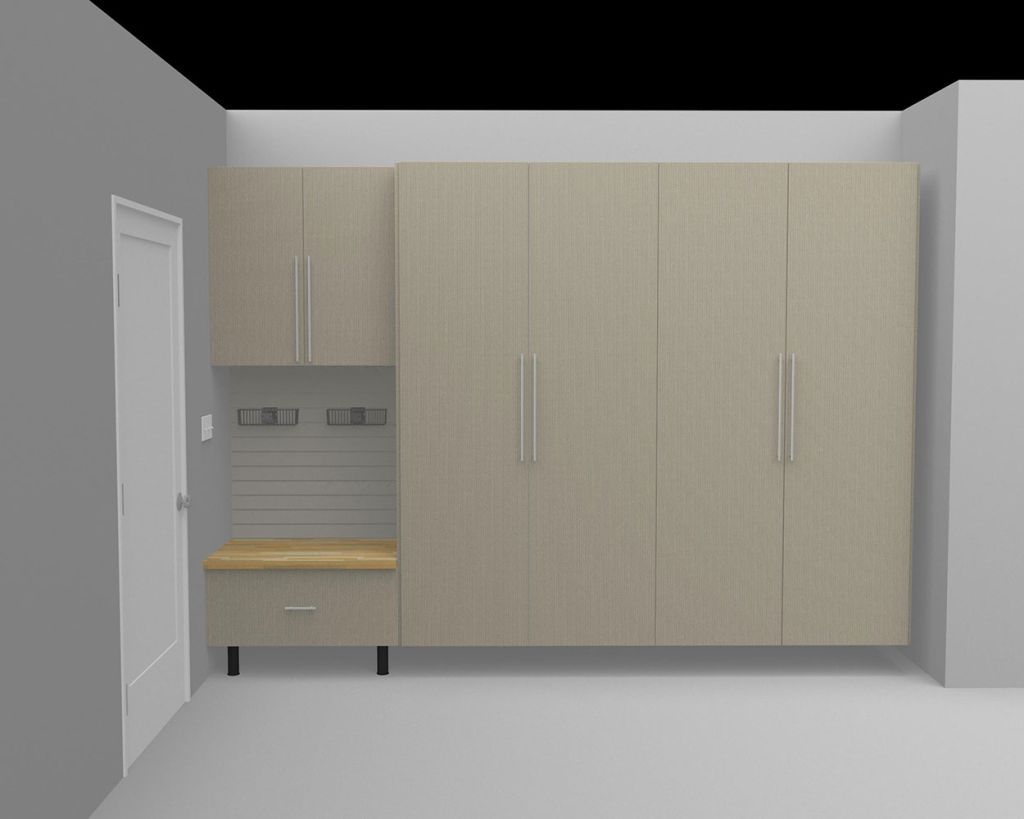 A 3d rendering of a garage with lots of cabinets and a door.