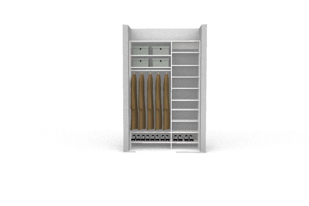 A 3d model of a wardrobe with clothes and shoes in it.