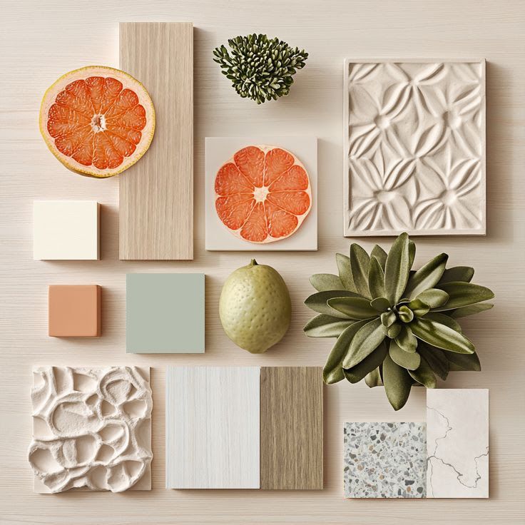 A collage of white tiles , rocks , and leaves on a white surface.