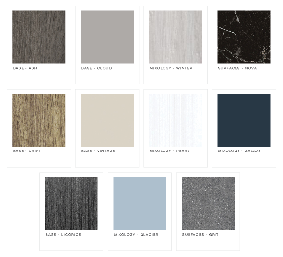 Swatches of wood-grain, stone, and solid color finishes. Browns, grays, and neutral tones are displayed.