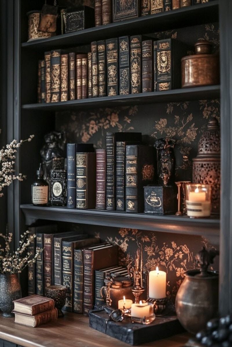 Bookshelf with antique books, candles, and decorative items. Dark, vintage aesthetic.