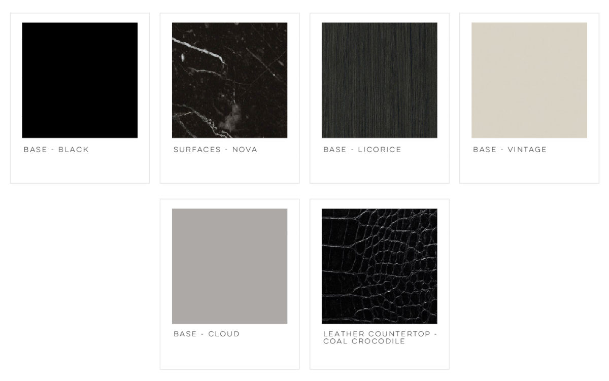 Color swatches: black, marble, dark wood, light beige, gray, and crocodile texture.