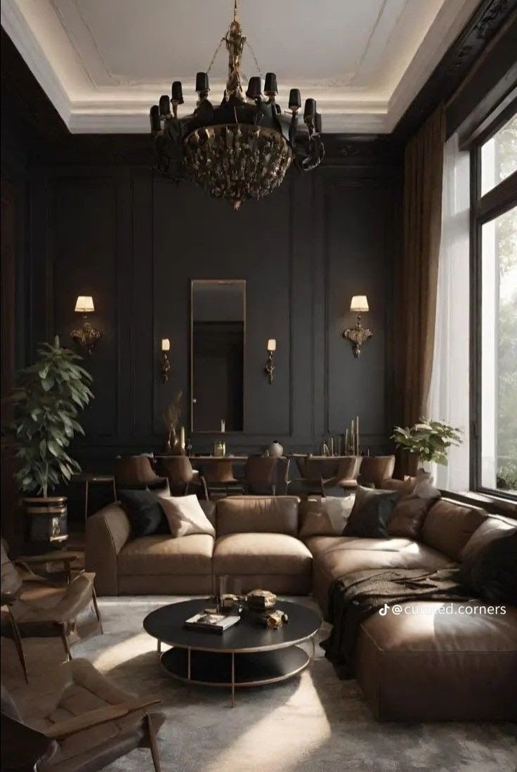 Luxurious living room with dark walls, brown leather sectional, ornate chandelier, and large window.