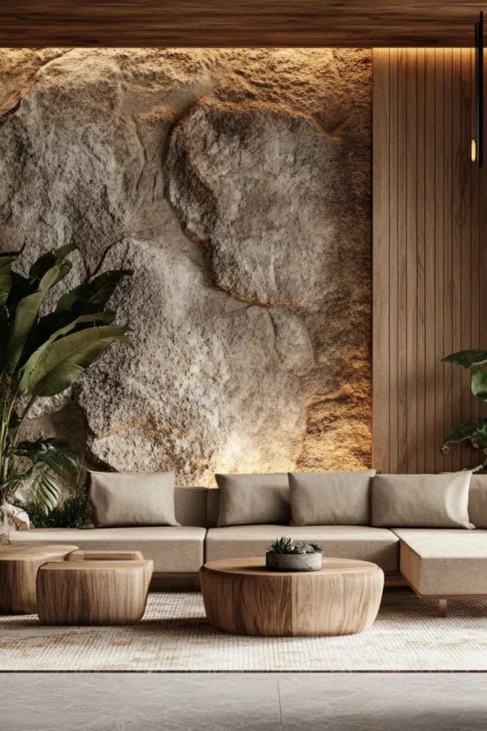 Living room with stone wall, wooden furniture, beige sofa, and plants.