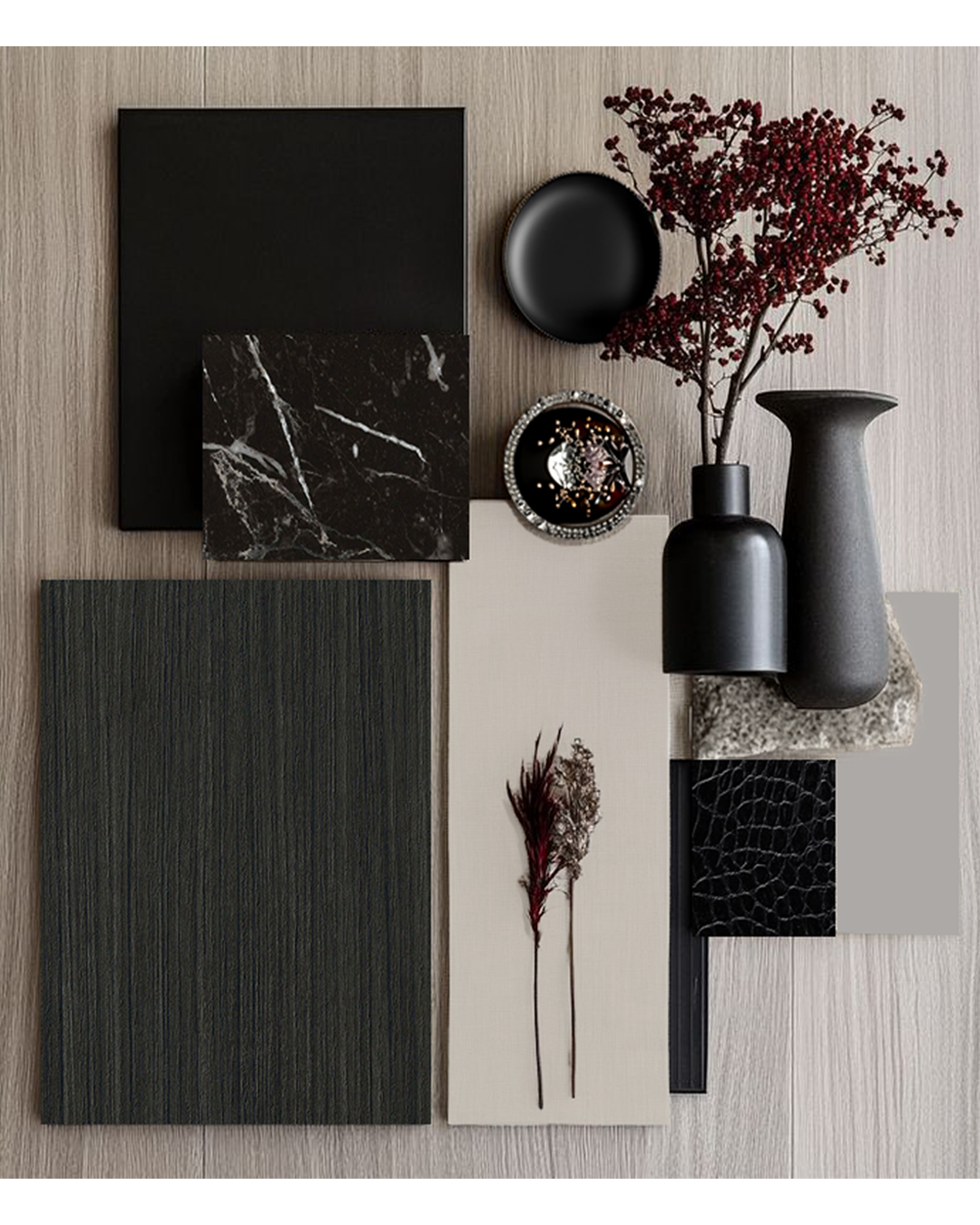 Mood board with black, white, and wood textures, including marble, ceramics, and dried plants.