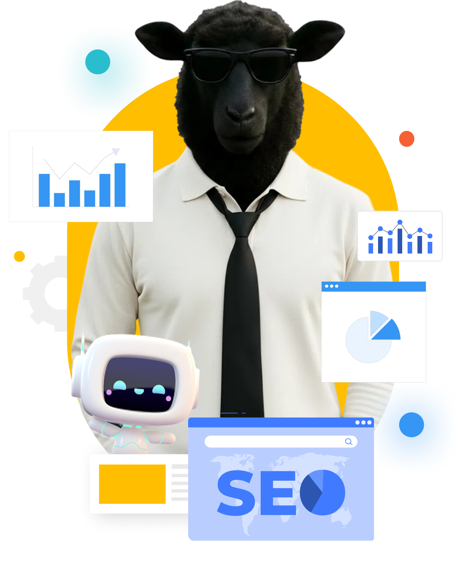 Black sheep in suit and sunglasses with a robot and speech bubbles on a yellow background.