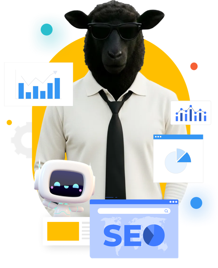 Black sheep in suit and sunglasses with a robot and speech bubbles on a yellow background.