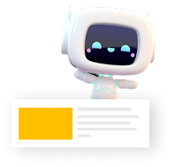 Cute robot gesturing towards a yellow rectangle and lines, possibly an ad or info box.