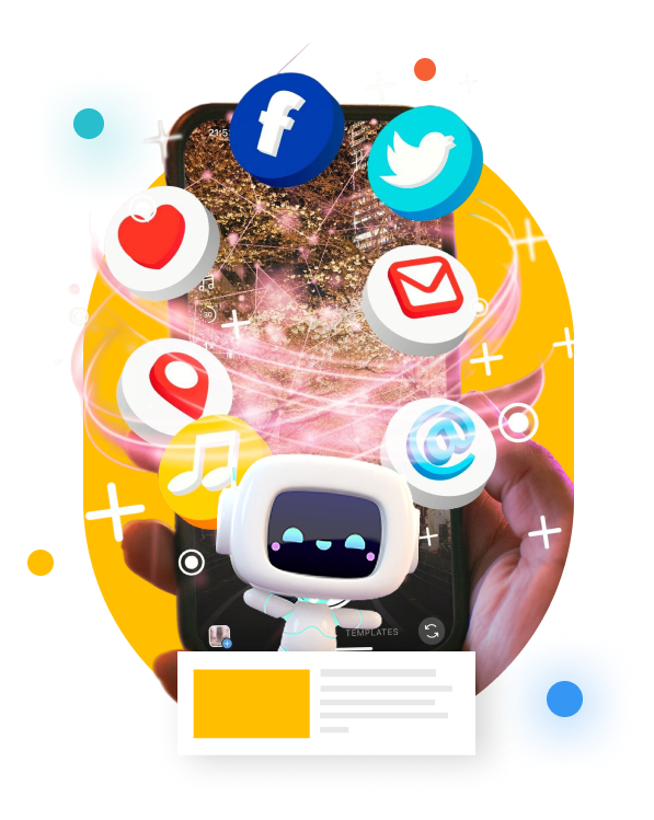 Black sheep wearing sunglasses, headset, and suit, working on a laptop with robot and chat bubbles.