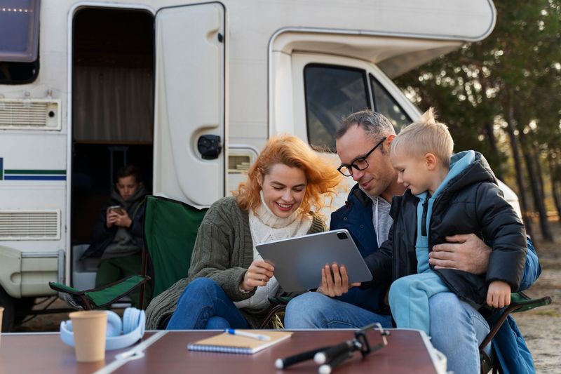 Three people sit by an RV, smiling over a clipboard at a campsite.
