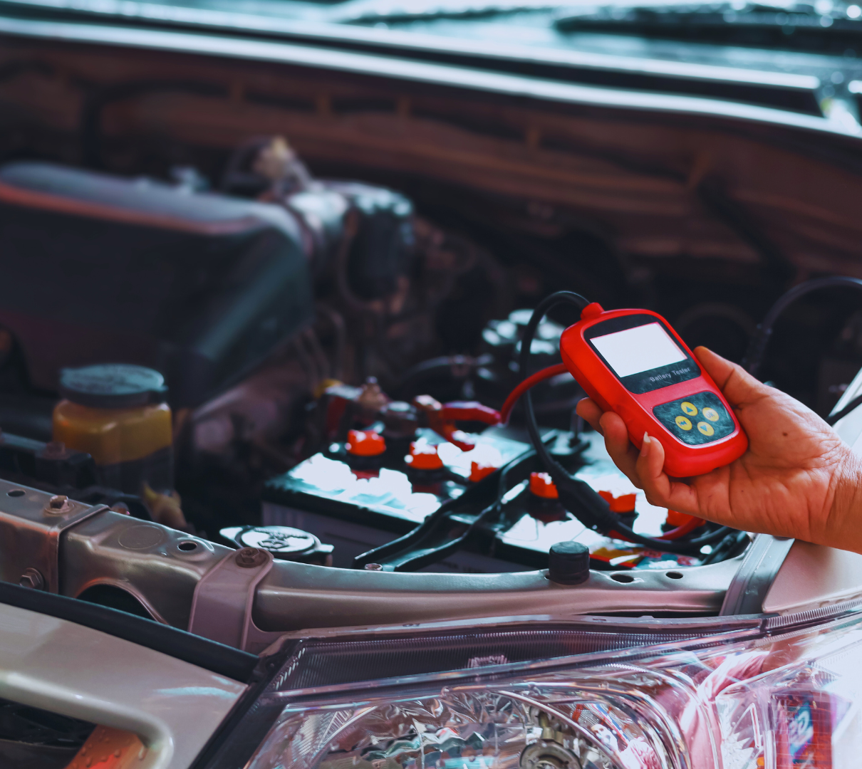 A person is holding a red device in front of a car engine.