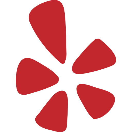 Red Yelp logo: stylized, floral-like shape.