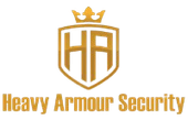 Gold logo for Heavy Armour Security with a crown atop an “HA” emblem, below text.