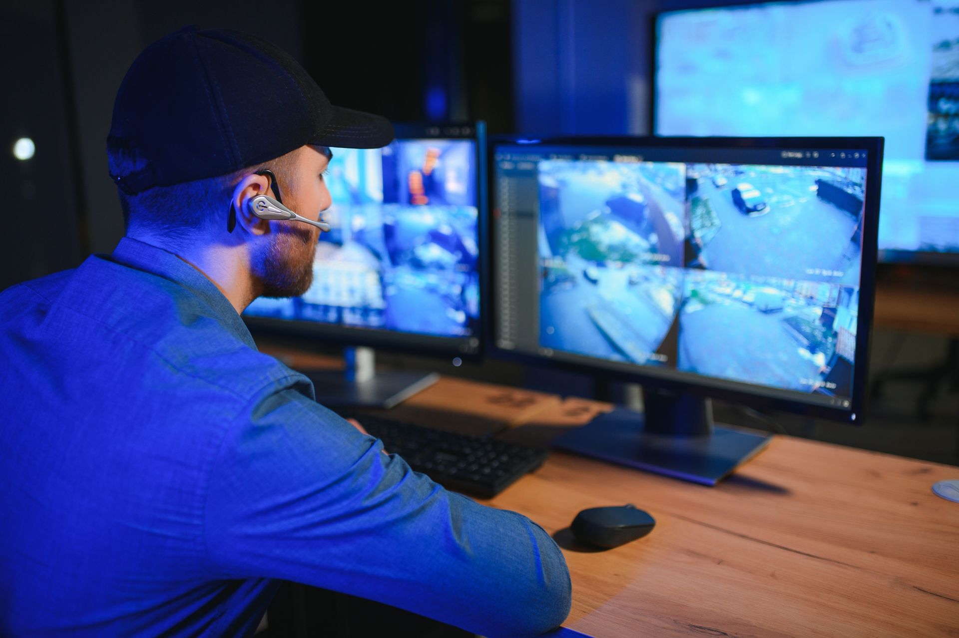 Man in cap monitors security cameras on computer screens in a dark control room.