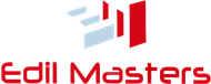 il logo di edil masters è rosso e grigio su sfondo bianco .