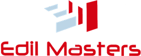 il logo di edil masters è rosso e grigio su sfondo bianco .