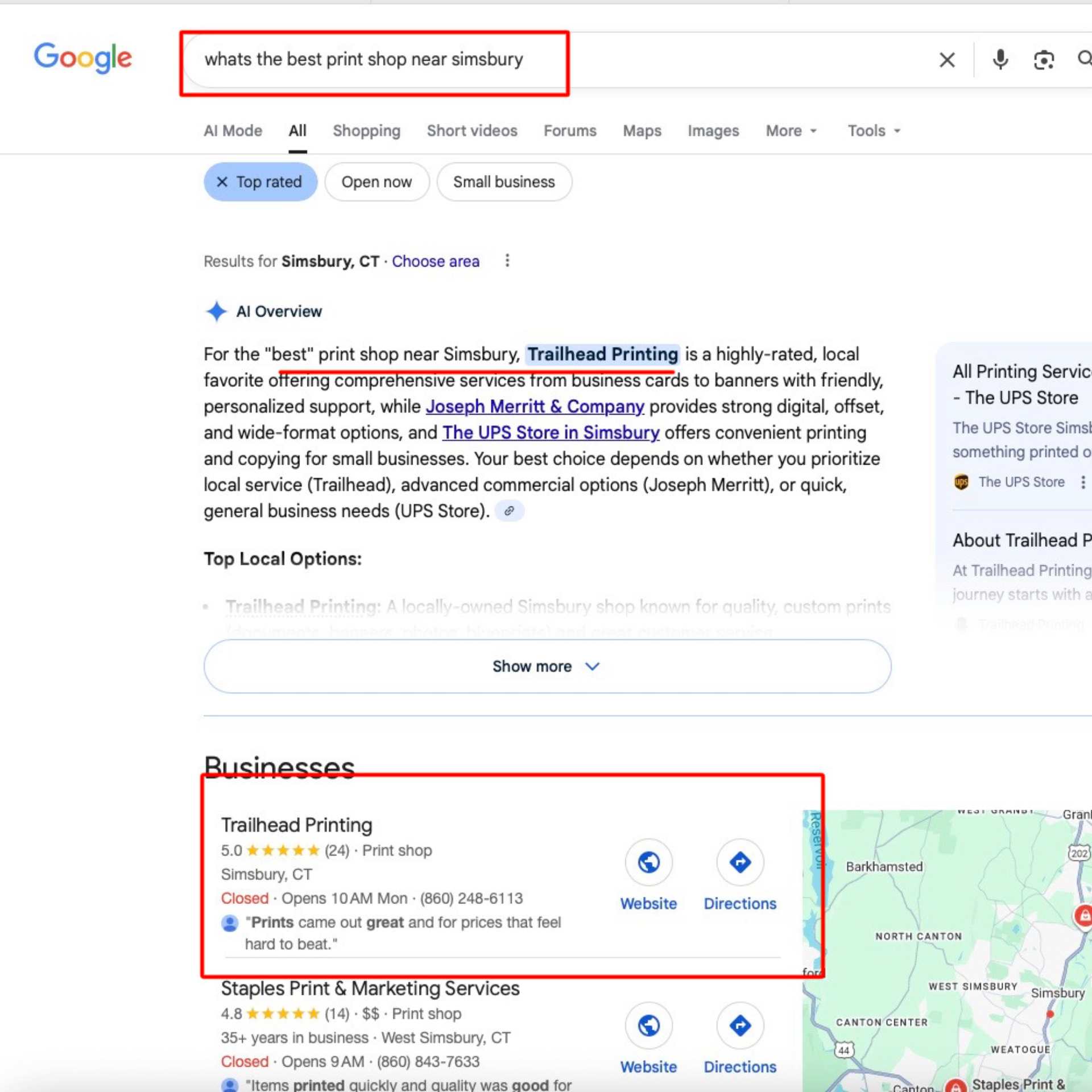 Google AI Overview naming Trailhead Printing as a top print shop near Simsbury, CT.