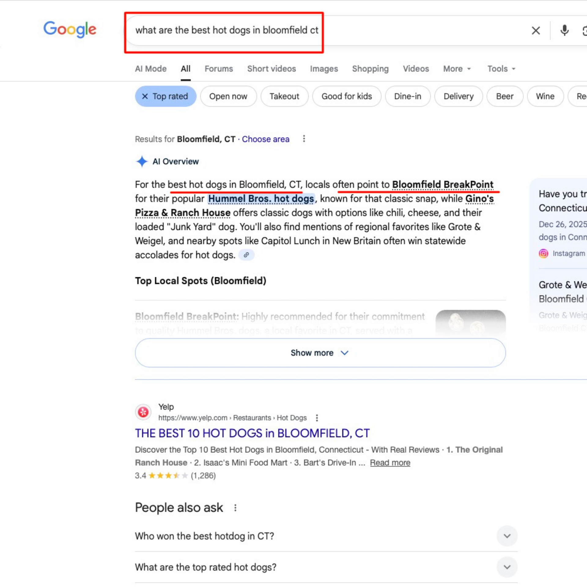 Google AI Overview naming Trailhead Printing as a top print shop near Simsbury, CT.