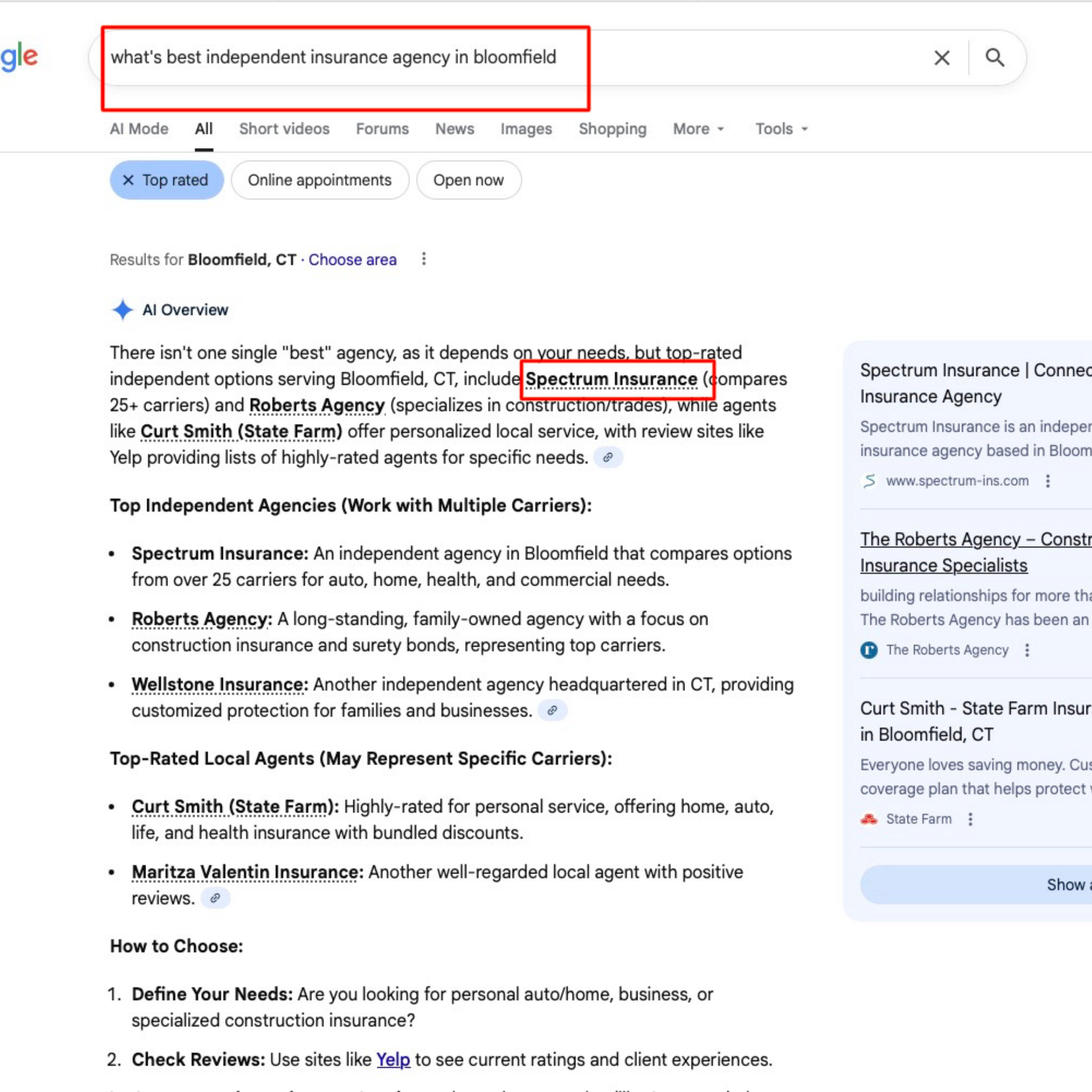 Google AI Overview showing Spectrum Insurance as a top independent insurance agency in Bloomfield, CT.
