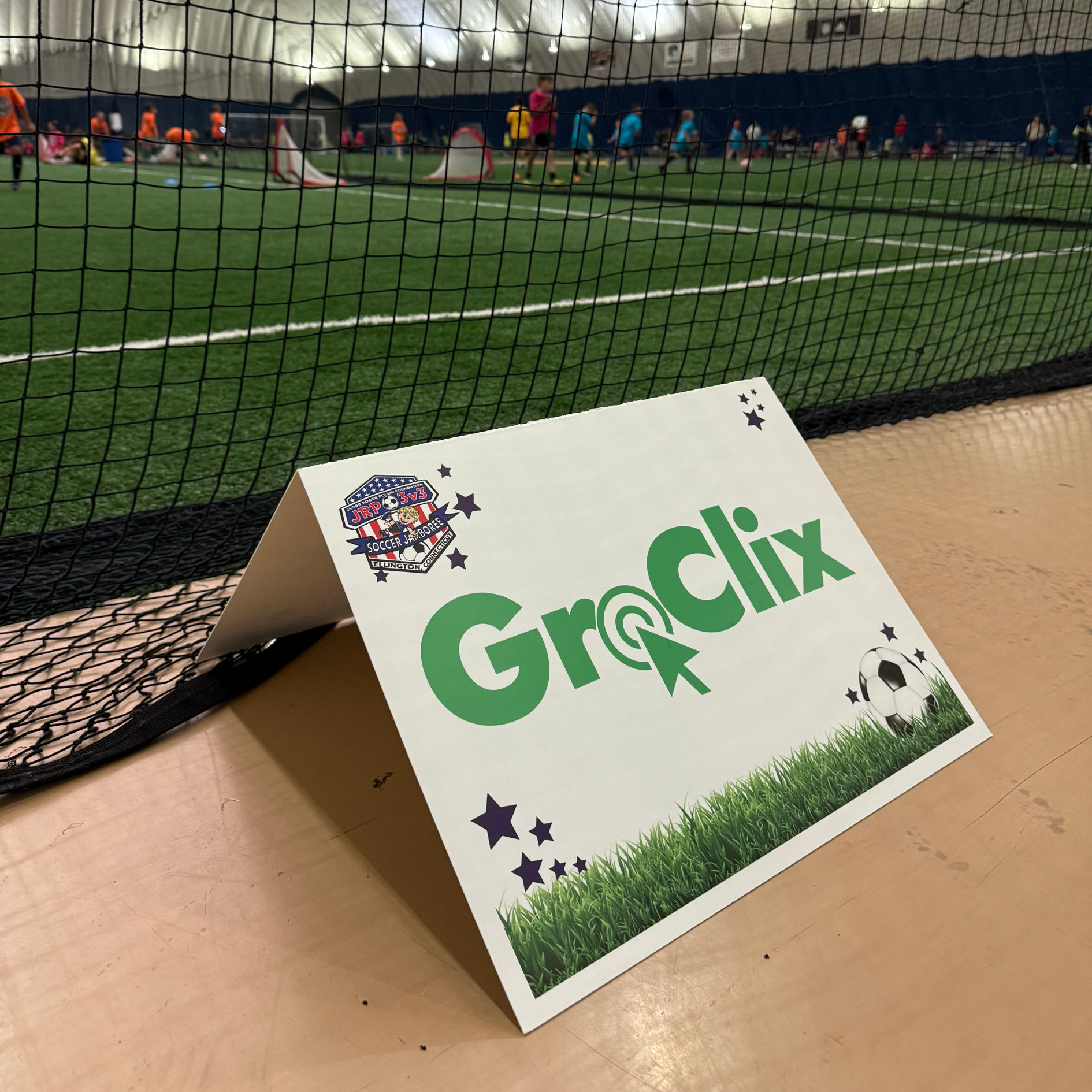 Sign for GroClix at the Jacob Roger Poulin Foundation 3v3 soccer tournament.