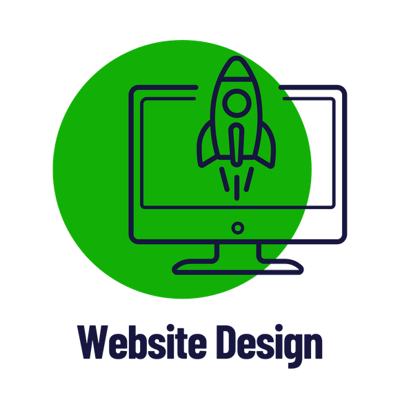 Green circle with a rocket launching from a computer screen; 