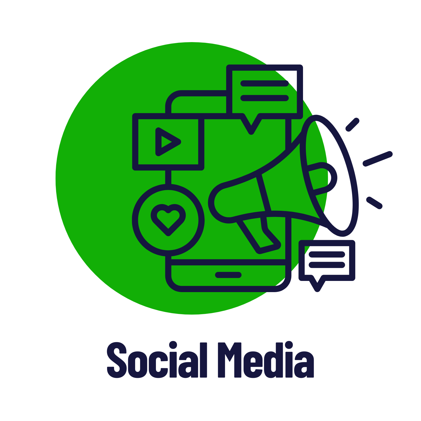Social media icon: phone with megaphone, video, heart, speech bubbles, green circle.