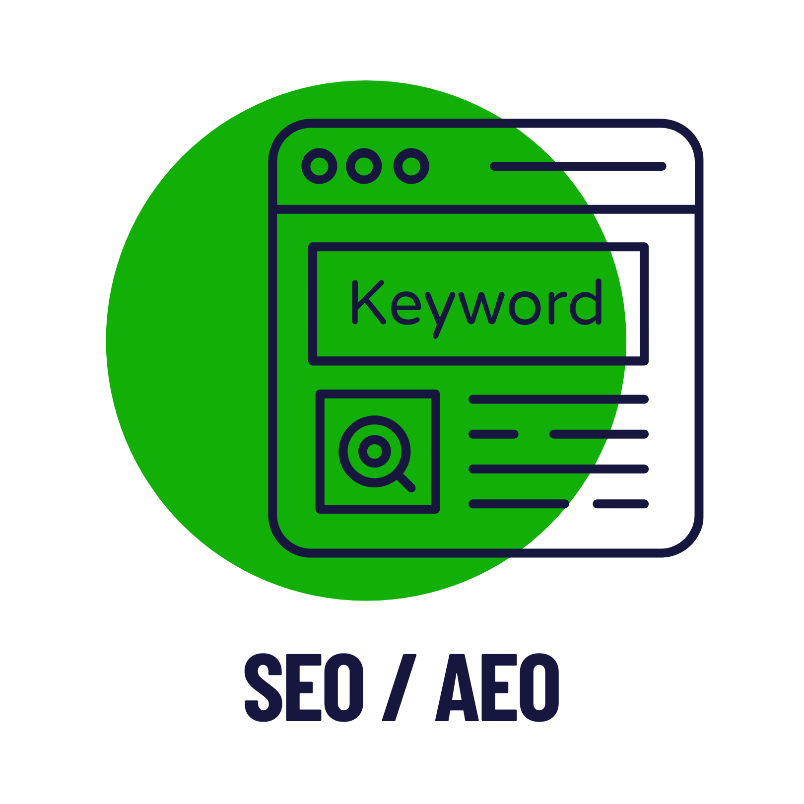 Green circle with a website outline that includes the word