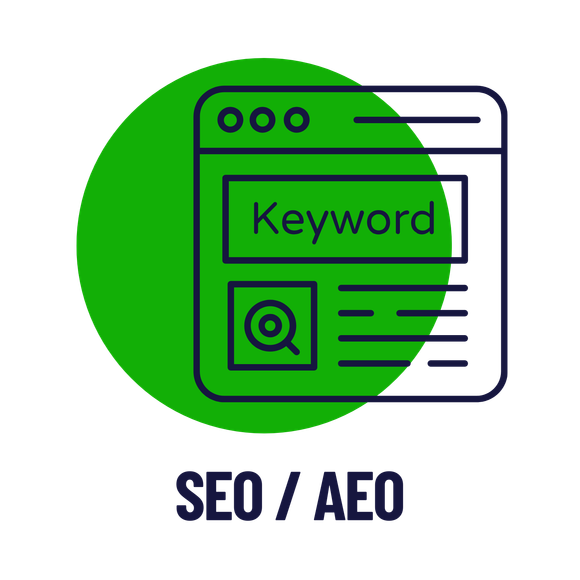 Green circle with a website outline that includes the word 