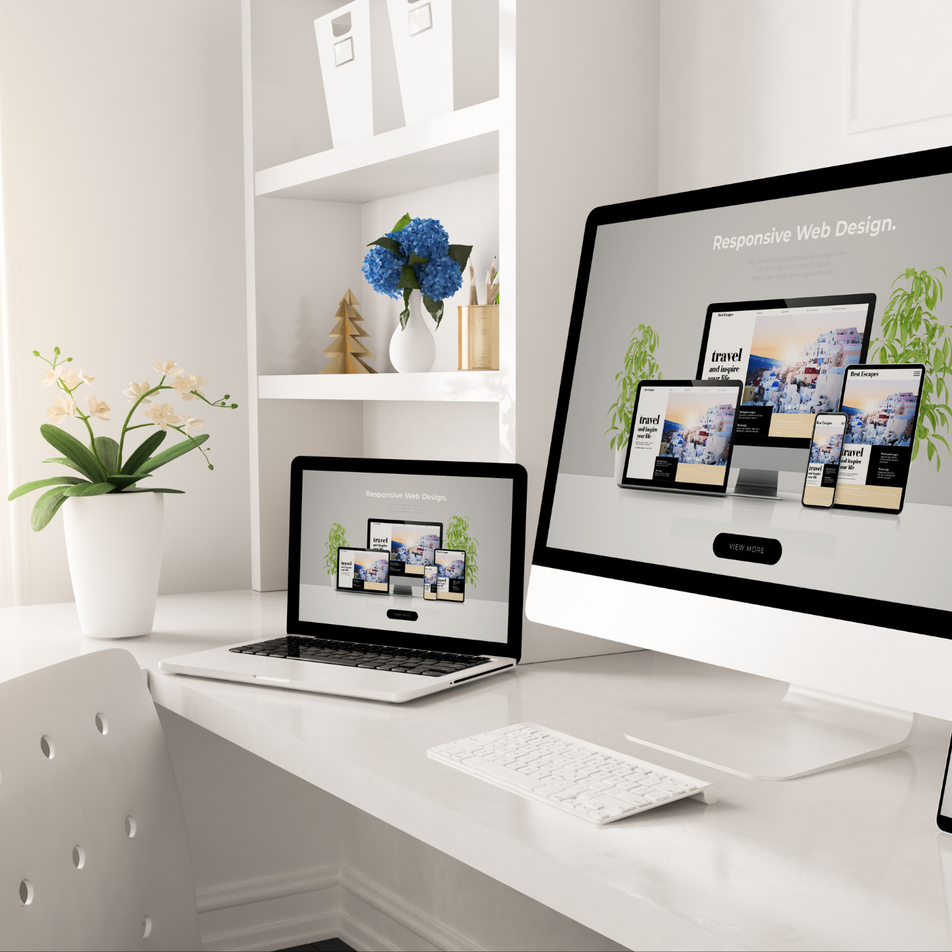 Laptop and monitor displaying website design on a white desk with plants and a white bookshelf.