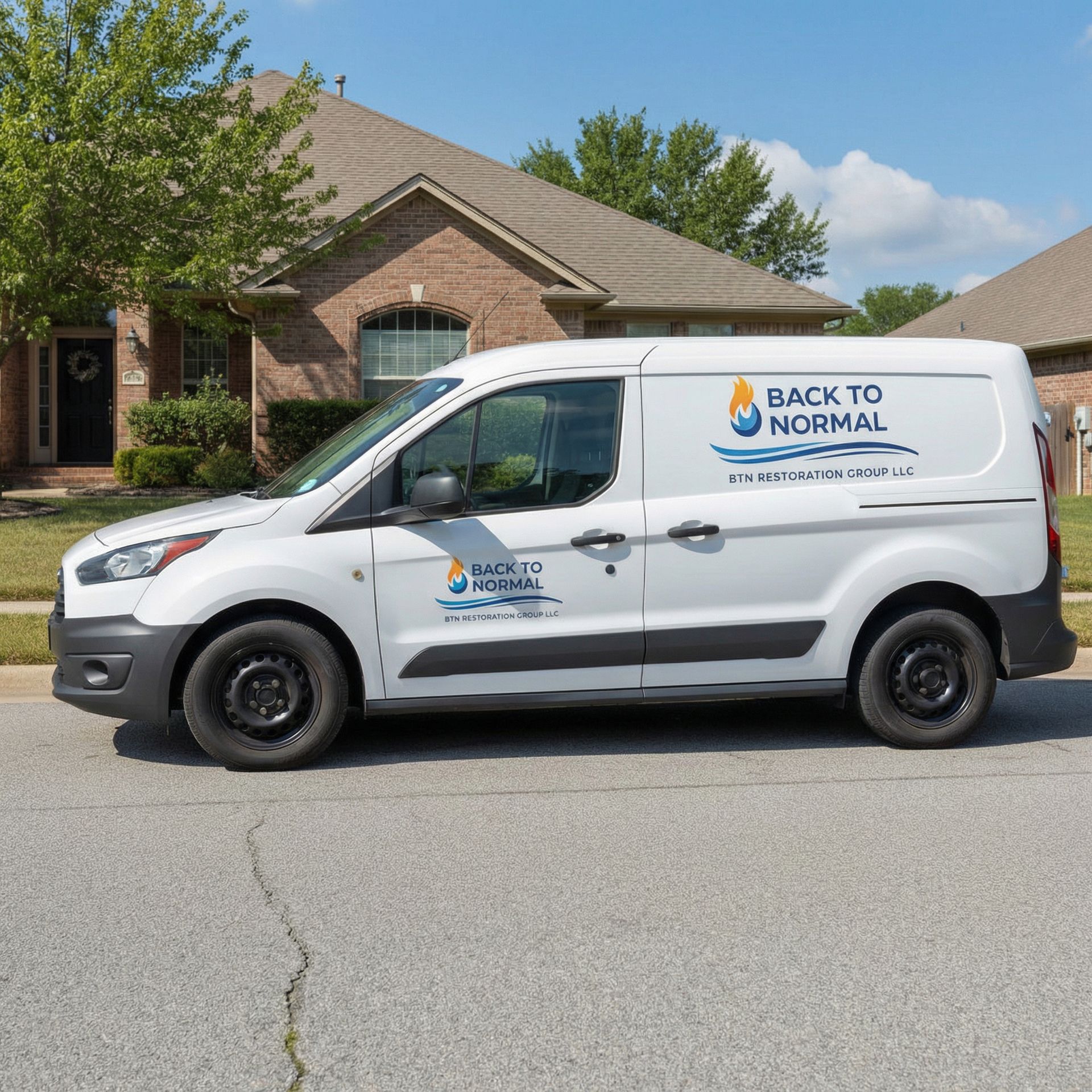 White utility van parked on street with company logo