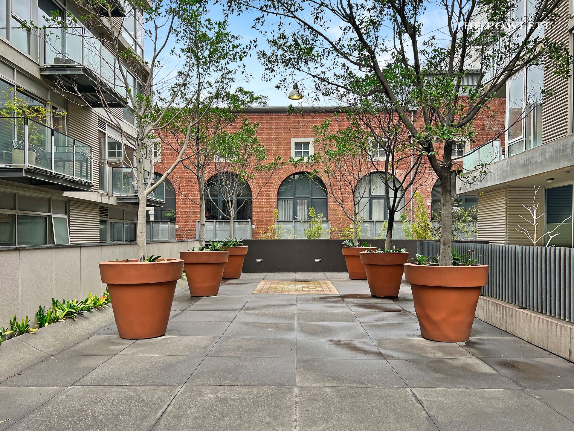a row of potted plants in front of a Victoria Brewery East Melbourne