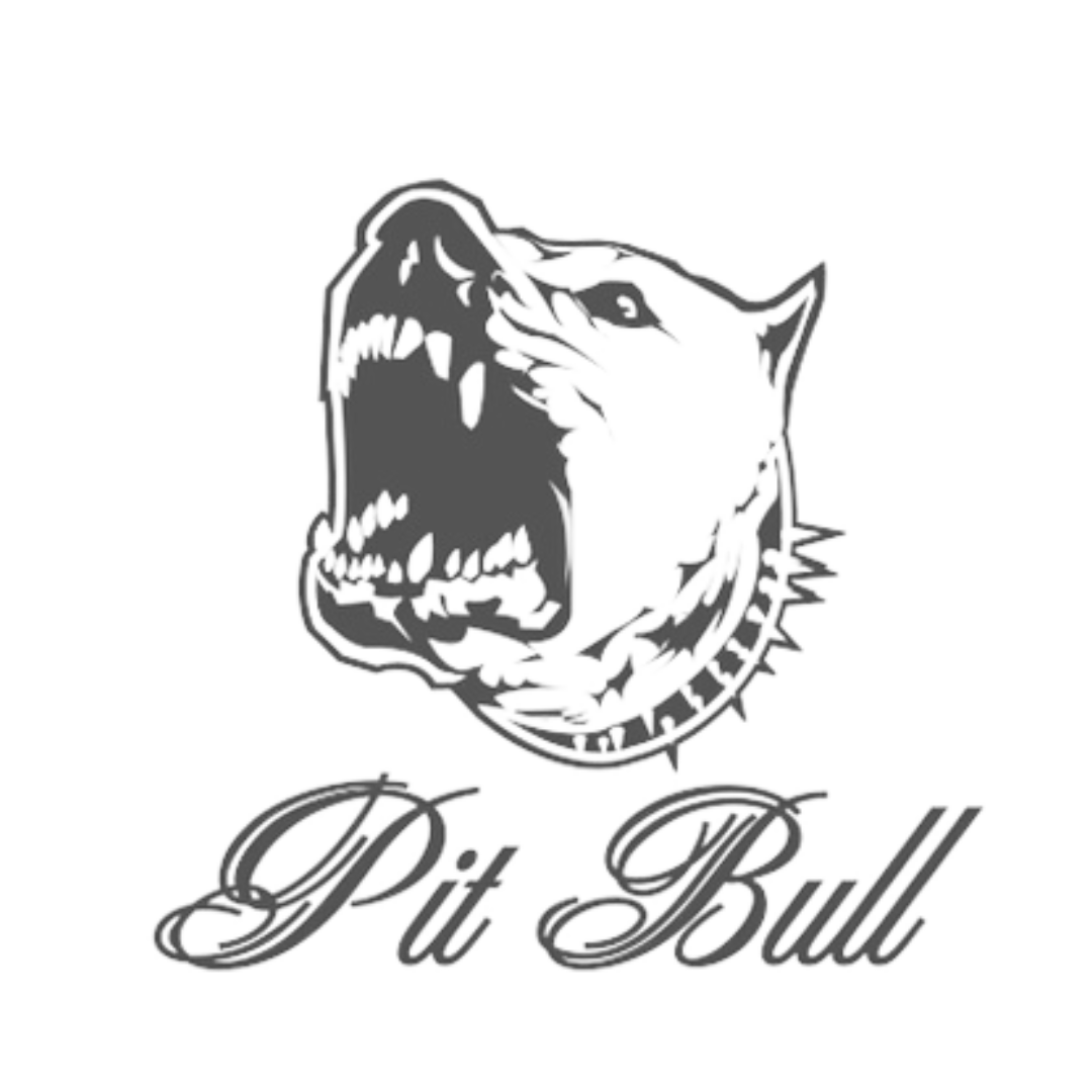 A black and white drawing of a pit bull with its mouth open